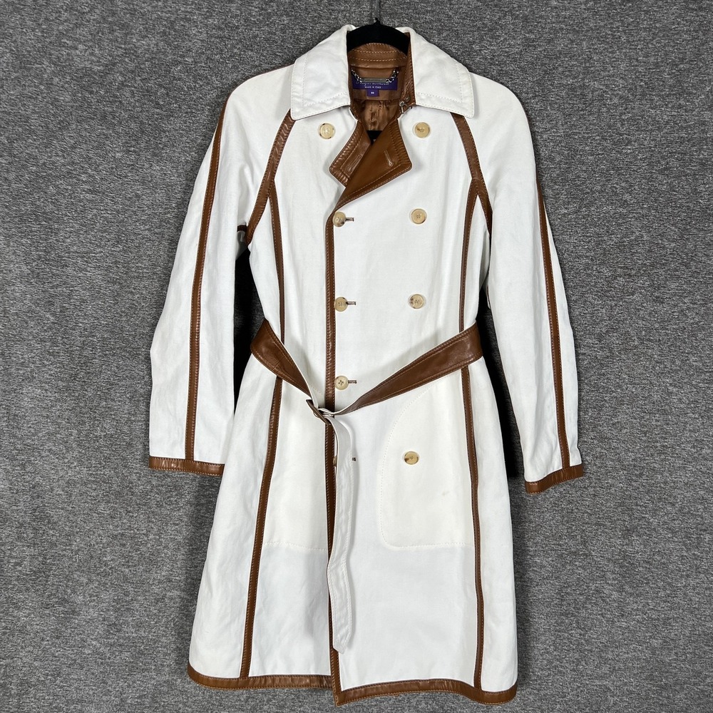 Ralph Lauren Purple Label Trench Coat 00 White Linen Leather Trim Belted Italy‎